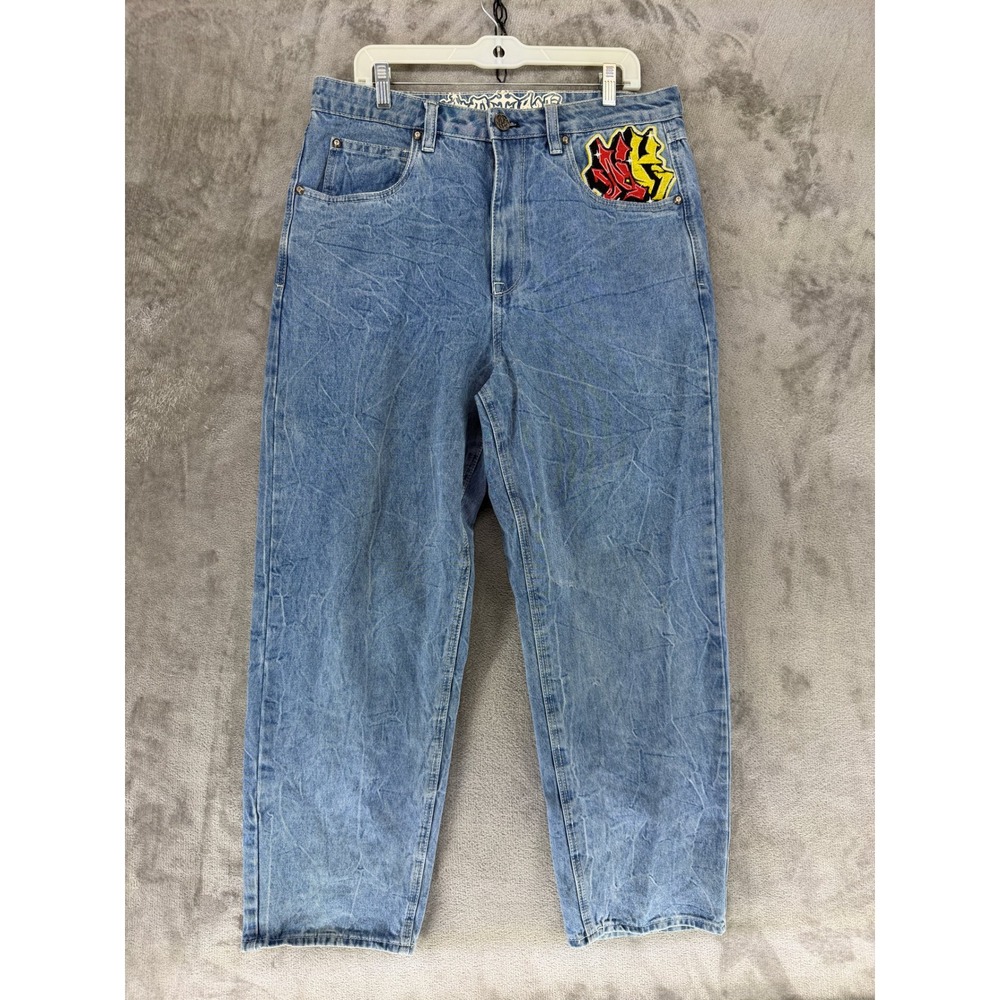 Ambush Jeans Mens 34 Embroidered Dragon Graffiti Blue Relaxed Wide Leg EUC
